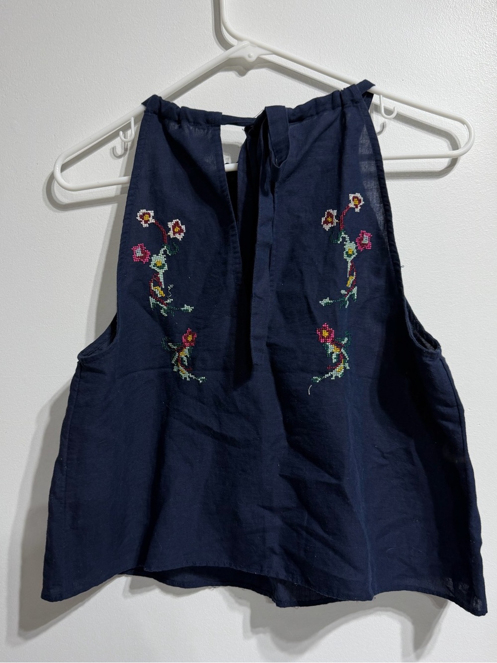 Free People Navy Blue Linen Blend Embroidered Rose Halter Tank Top Size S - Picture 5 of 6
